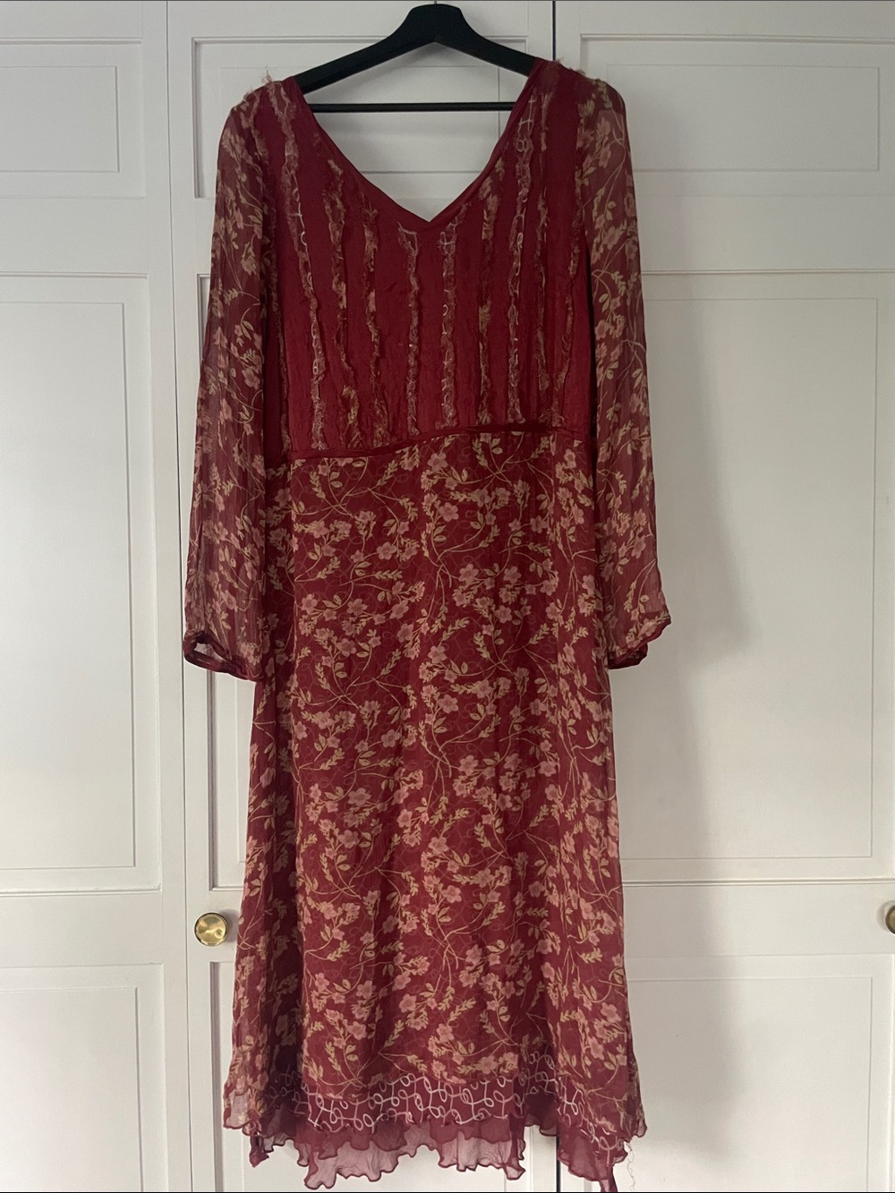 Red Floral Long Sleeve V-Neck Midi Dress